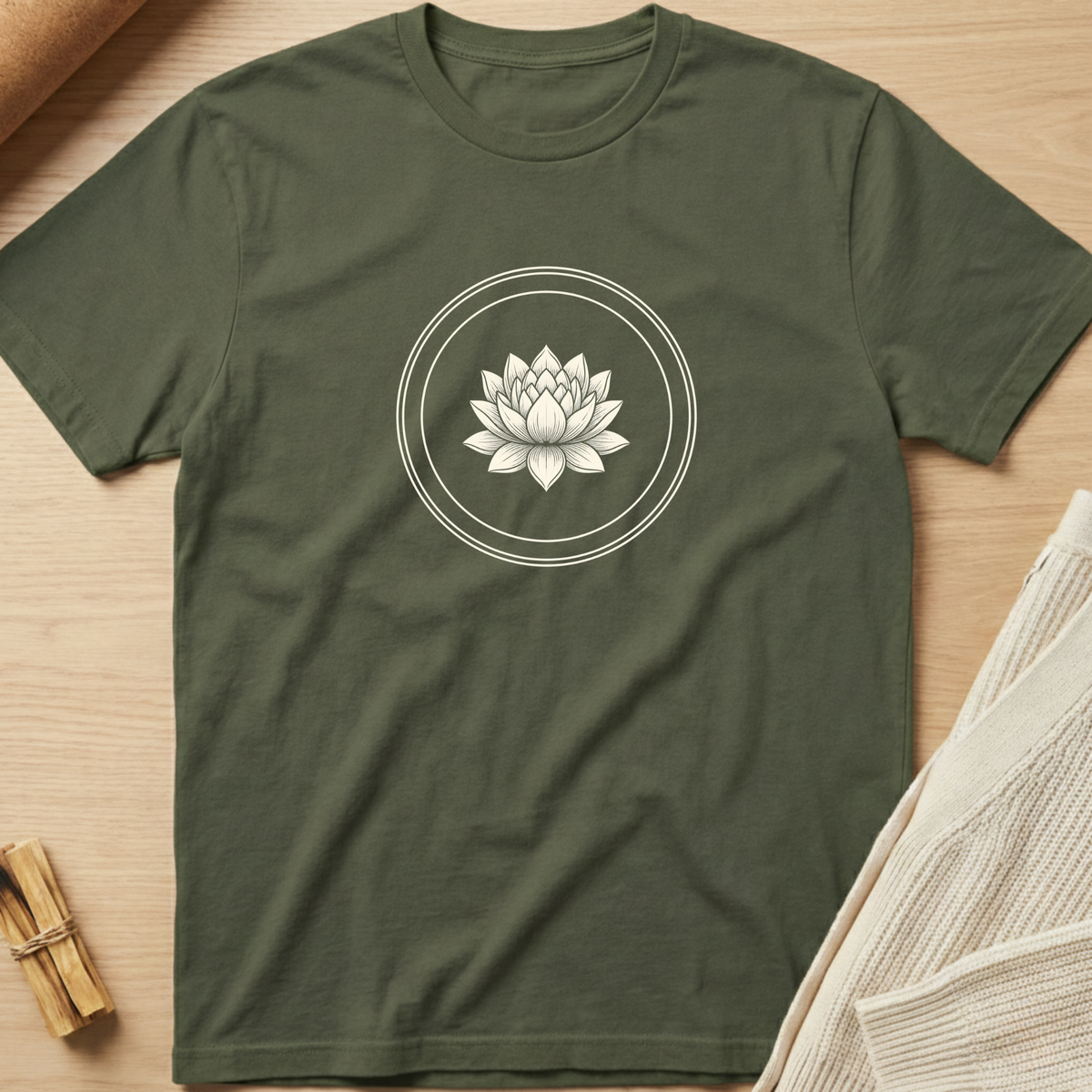 An olive green short-sleeve t-shirt with a white line art lotus flower inside a double circle on the chest, laid flat on a light wood background with styled props. Minimalist yoga apparel by pemuyo.