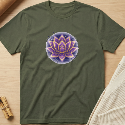 An olive green short-sleeve t-shirt laid flat on a light wood surface, featuring a circular graphic of a purple and blue lotus flower with glowing yellow accents on the chest. Minimalist yoga apparel by pemuyo.