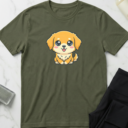 Green t-shirt with a cartoon dog design on a marble surface. Minimalist dog apparel by pemuyo.