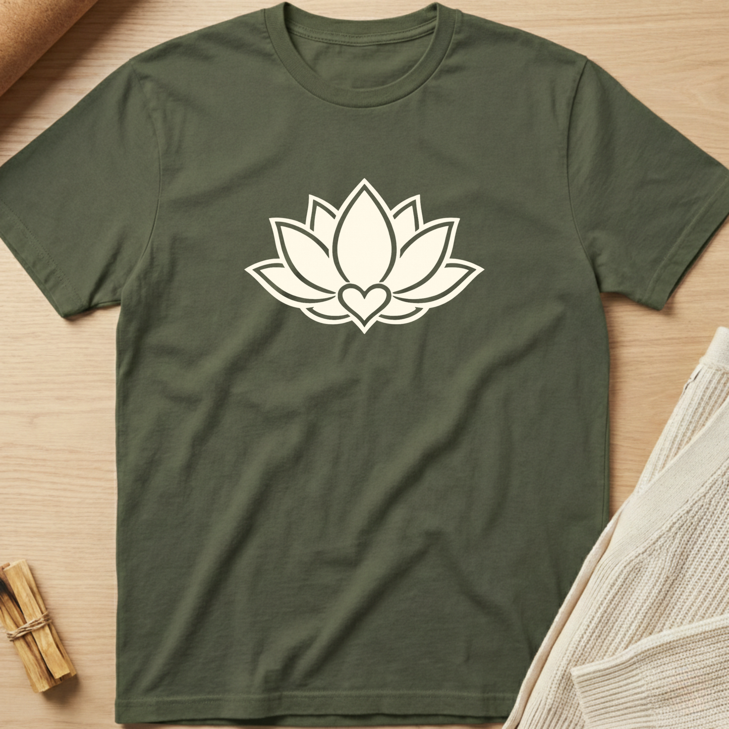 Green t-shirt with a white lotus flower design on a wooden surface. Minimalist yoga apparel by pemuyo.