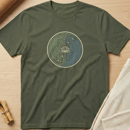 An olive green short-sleeve t-shirt laid flat on a light wood surface, featuring a circular yin-yang style graphic with a lotus flower in cream and blue-green tones. Styled flat-lay props include a rolled fabric corner at top left, a bundle of small wooden sticks at bottom left, and a folded cream knit textile at bottom right. Minimalist yoga apparel by pemuyo.