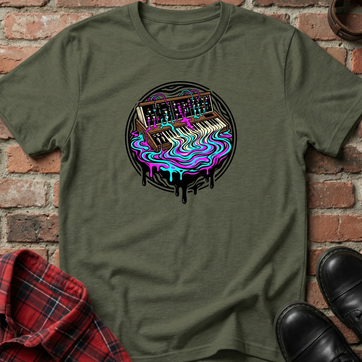 Green t-shirt with a colorful keyboard graphic on a brick wall background. Minimalist music apparel by pemuyo.
