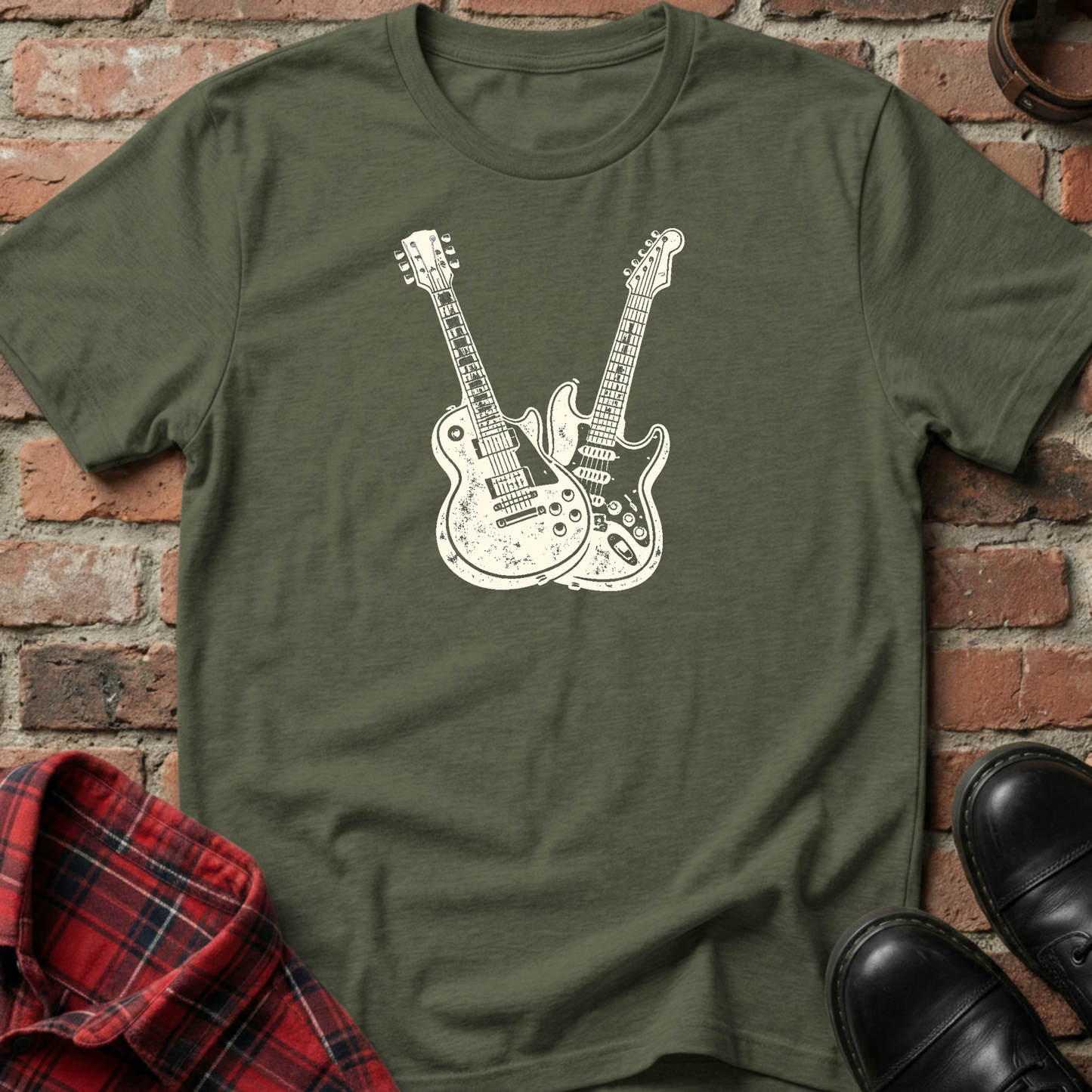 Green t-shirt with white guitar design on a brick background. Minimalist music apparel by pemuyo.