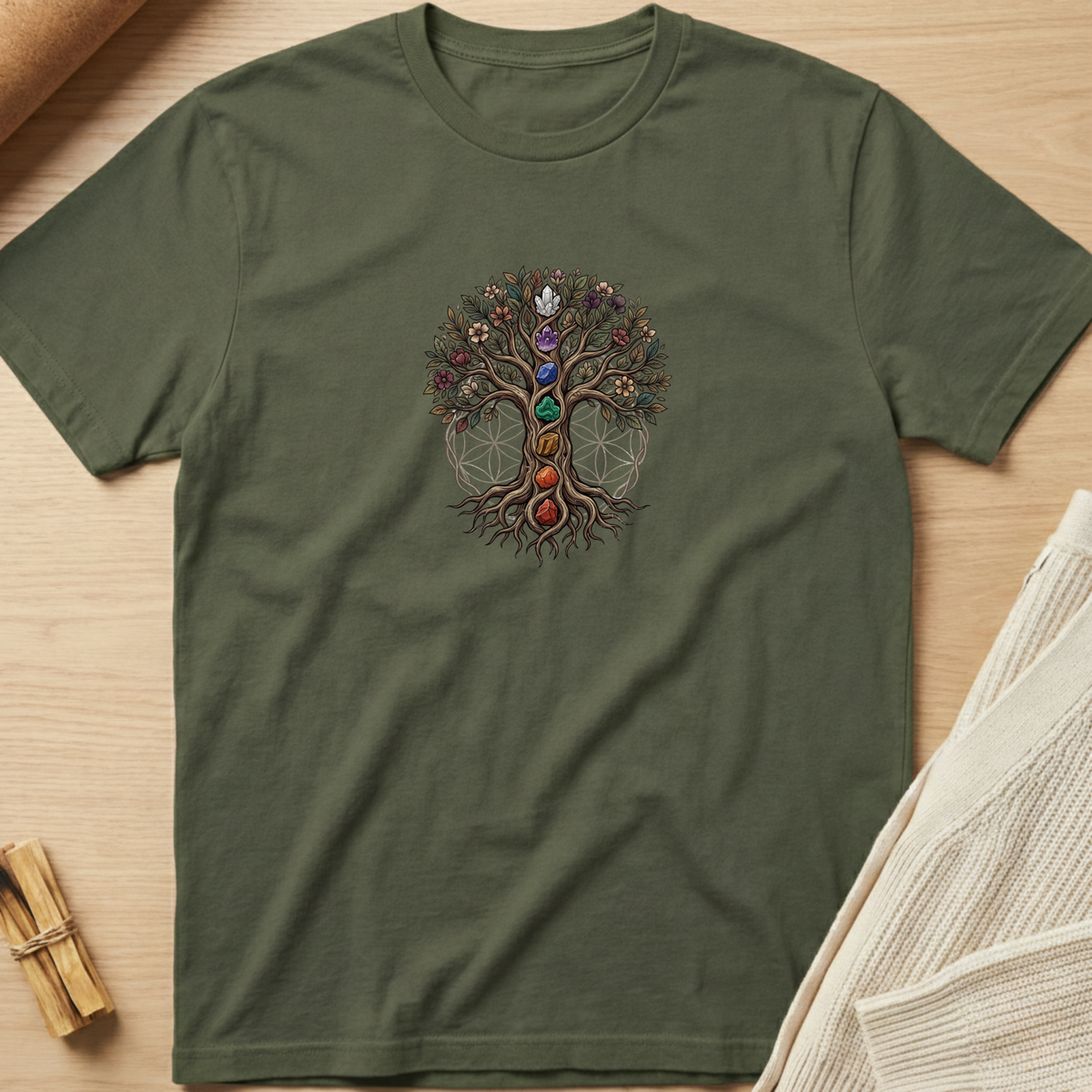 An olive green crewneck t-shirt featuring a colorful Tree of Life graphic with chakra symbols, laid flat on a light wood background with styled props. Minimalist yoga apparel by pemuyo.