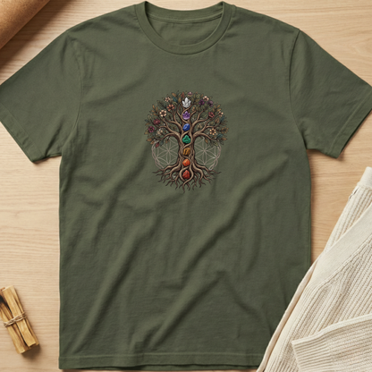 An olive green crewneck t-shirt featuring a colorful Tree of Life graphic with chakra symbols, laid flat on a light wood background with styled props. Minimalist yoga apparel by pemuyo.