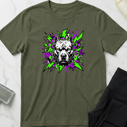Green t-shirt with a dog graphic on a marble surface. Minimalist dog apparel by pemuyo.