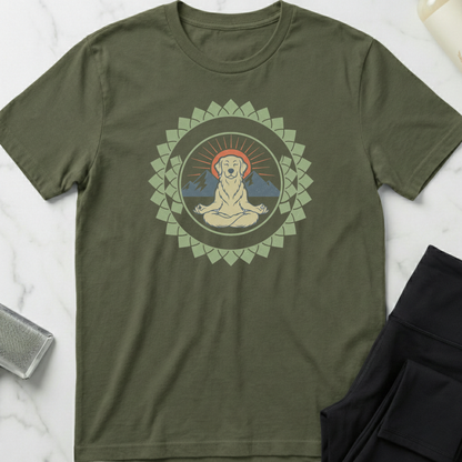 Green t-shirt with a graphic design of a meditating figure in a mandala on a marble surface. Minimalist yoga apparel by pemuyo.