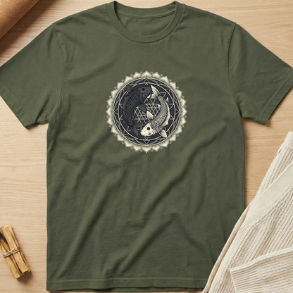 An olive green crewneck t-shirt with a circular yin-yang style koi fish graphic in black and white on the chest, laid flat on a light wood background with styled props. Minimalist yoga apparel by pemuyo.