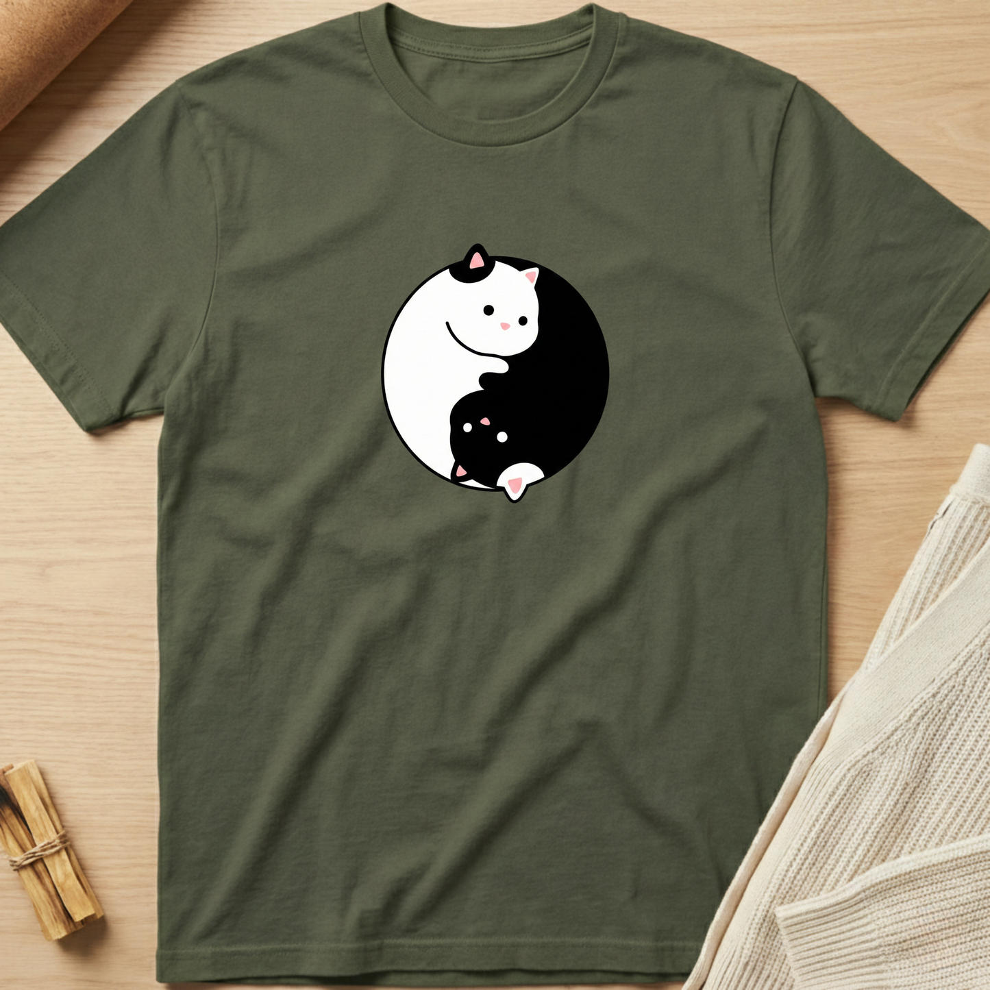 Green t-shirt with a yin yang design featuring a white and black cat on a wooden surface. Minimalist yoga apparel by pemuyo.