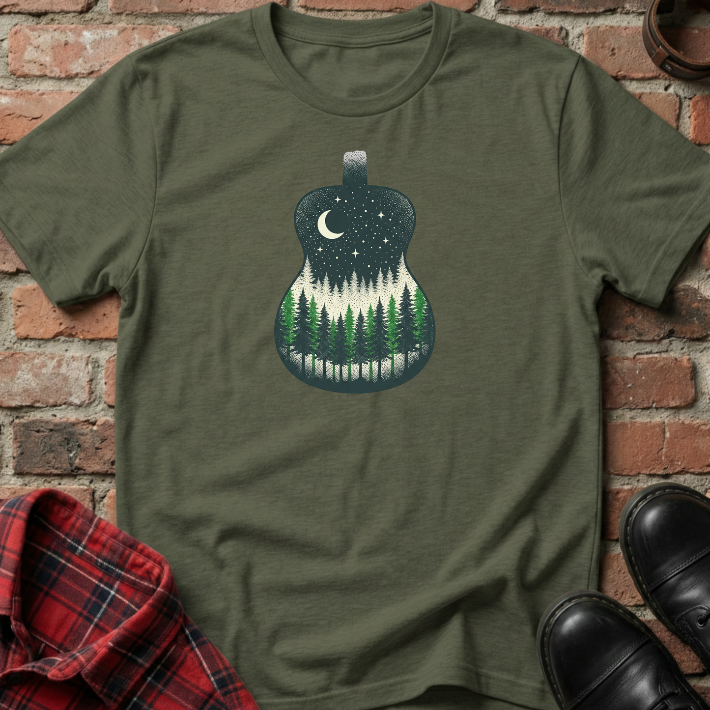 Green t-shirt with a guitar-shaped forest design on a brick background. Minimalist music apparel by pemuyo.
