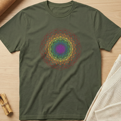 Green t-shirt with a colorful geometric design on a wooden surface. Minimalist yoga apparel by pemuyo.