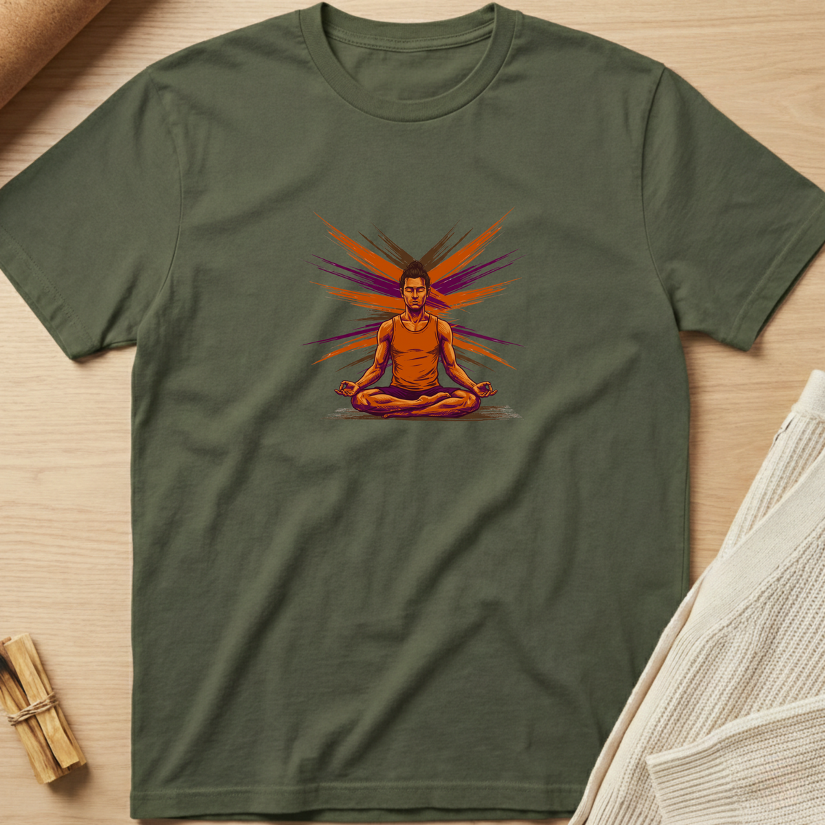 An olive green short-sleeve t-shirt with a colorful graphic of a man meditating in a lotus position, displayed flat on a light wood background with styled props. Minimalist yoga apparel by pemuyo.