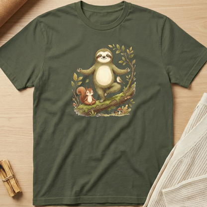 Green t-shirt with a sloth and squirrel design on a wooden surface. Minimalist yoga apparel by pemuyo.
