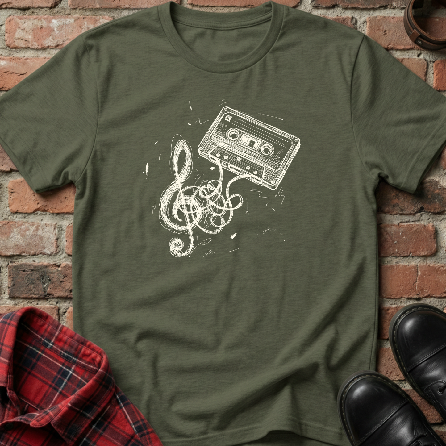 Green t-shirt with a cassette tape and music note design against a brick wall. Minimalist music apparel by pemuyo.