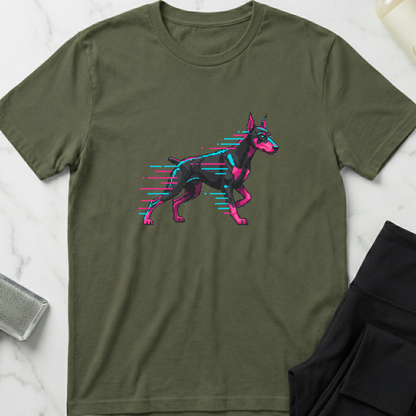 Green t-shirt with a stylized dog graphic on a marble surface. Minimalist dog apparel by pemuyo.