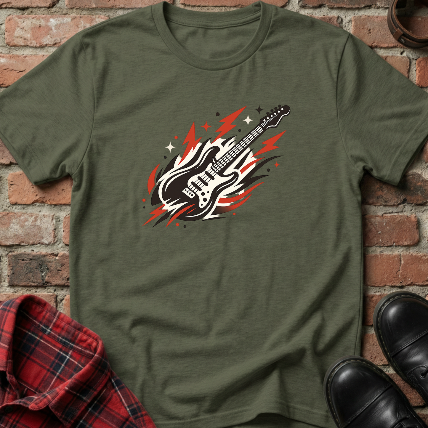 Green t-shirt with a guitar graphic on a brick background. Minimalist music apparel by pemuyo.