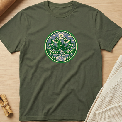 An olive green crewneck t-shirt laid flat on a light wood surface, featuring a circular graphic on the chest with a green lotus flower, a yellow sun, and blue sky details. Minimalist yoga apparel by pemuyo.