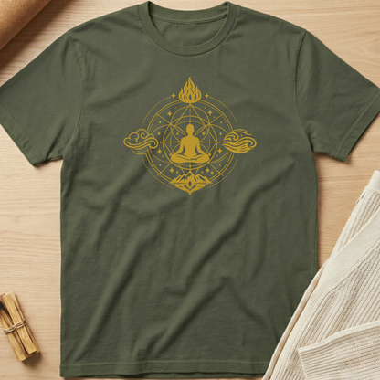Green t-shirt with a gold Buddha design on a wooden surface. Minimalist yoga apparel by pemuyo.