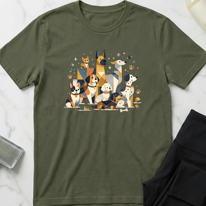 Green t-shirt with dog illustration on a white marble surface. Minimalist dog apparel by pemuyo.