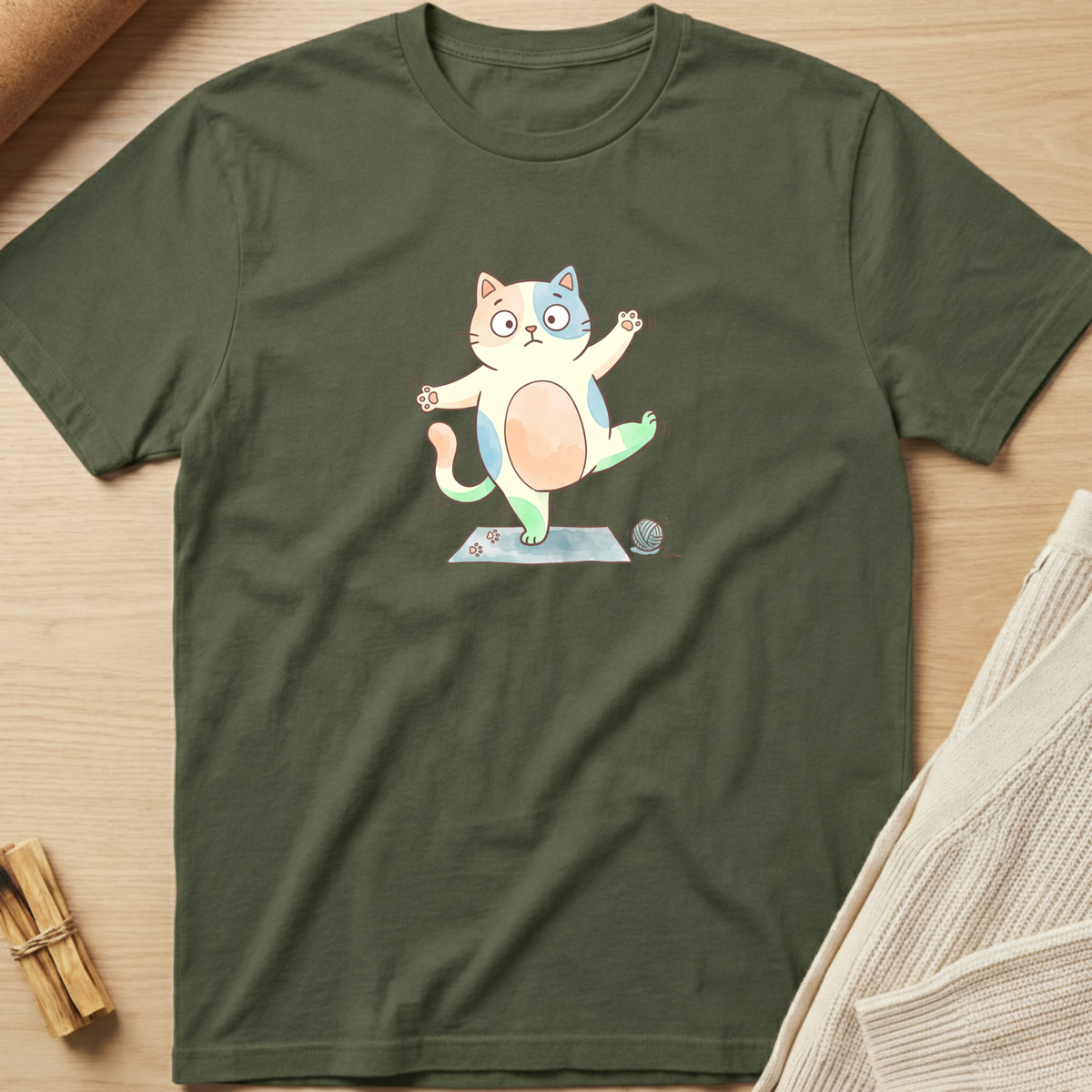 An olive green crewneck t-shirt featuring a cartoon graphic of a cat balancing on its hind legs on a yoga mat, styled flat-lay on a light wood background with a knit sweater and wooden sticks. Minimalist yoga apparel by pemuyo.