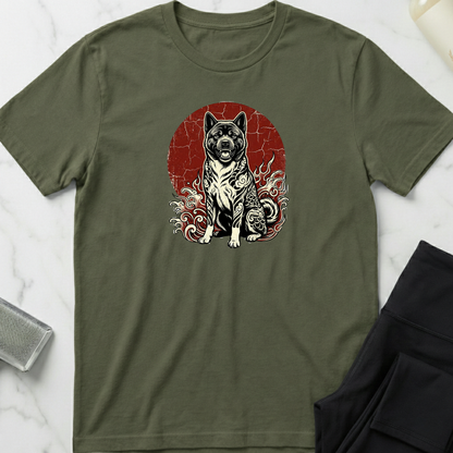 Green t-shirt with a dog graphic on a white marble surface. Minimalist dog apparel by pemuyo.