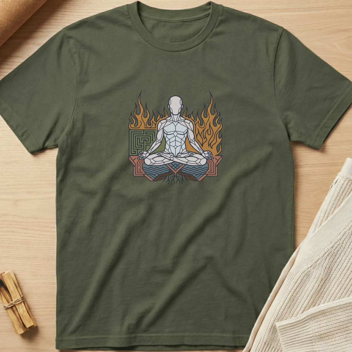 An olive green short-sleeve t-shirt with a graphic of a meditating figure surrounded by flames, laid flat on a light wood background with styled props. Minimalist yoga apparel by pemuyo.