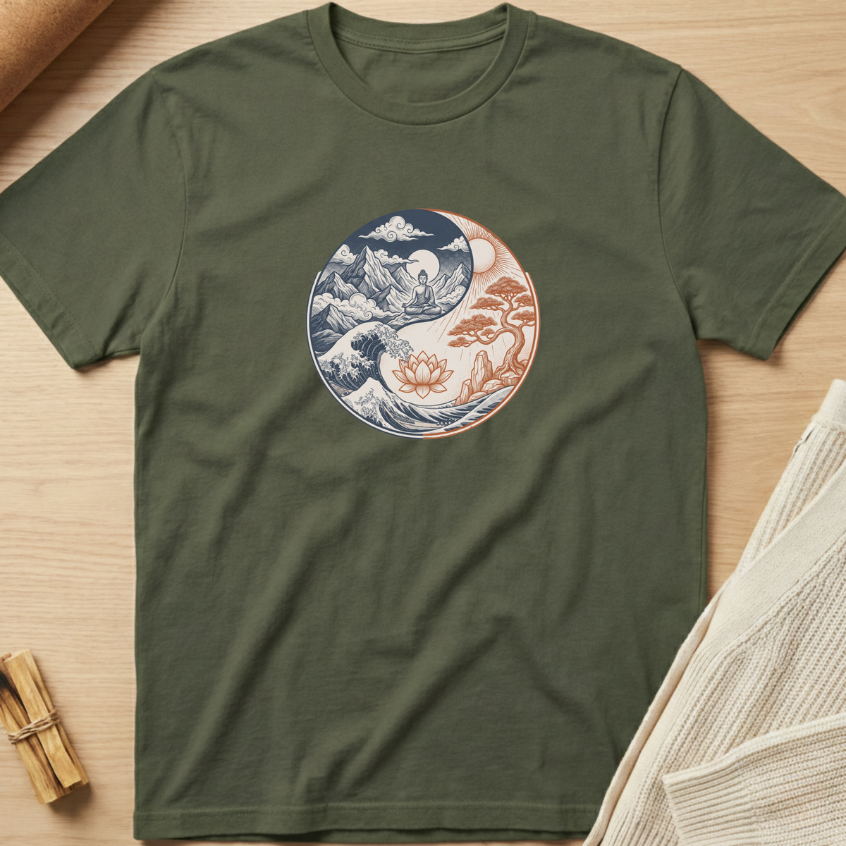 An olive green short-sleeve t-shirt laid flat on a light wood surface, featuring a circular yin-yang style graphic on the chest with blue ocean waves and a pink lotus flower on one side and a pink tree on the other. Minimalist yoga apparel by pemuyo.