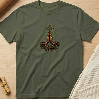 An olive green short-sleeve t-shirt with a black graphic of a meditating figure inside a tree, laid flat on a light wood background with styled props. Minimalist yoga apparel by pemuyo.