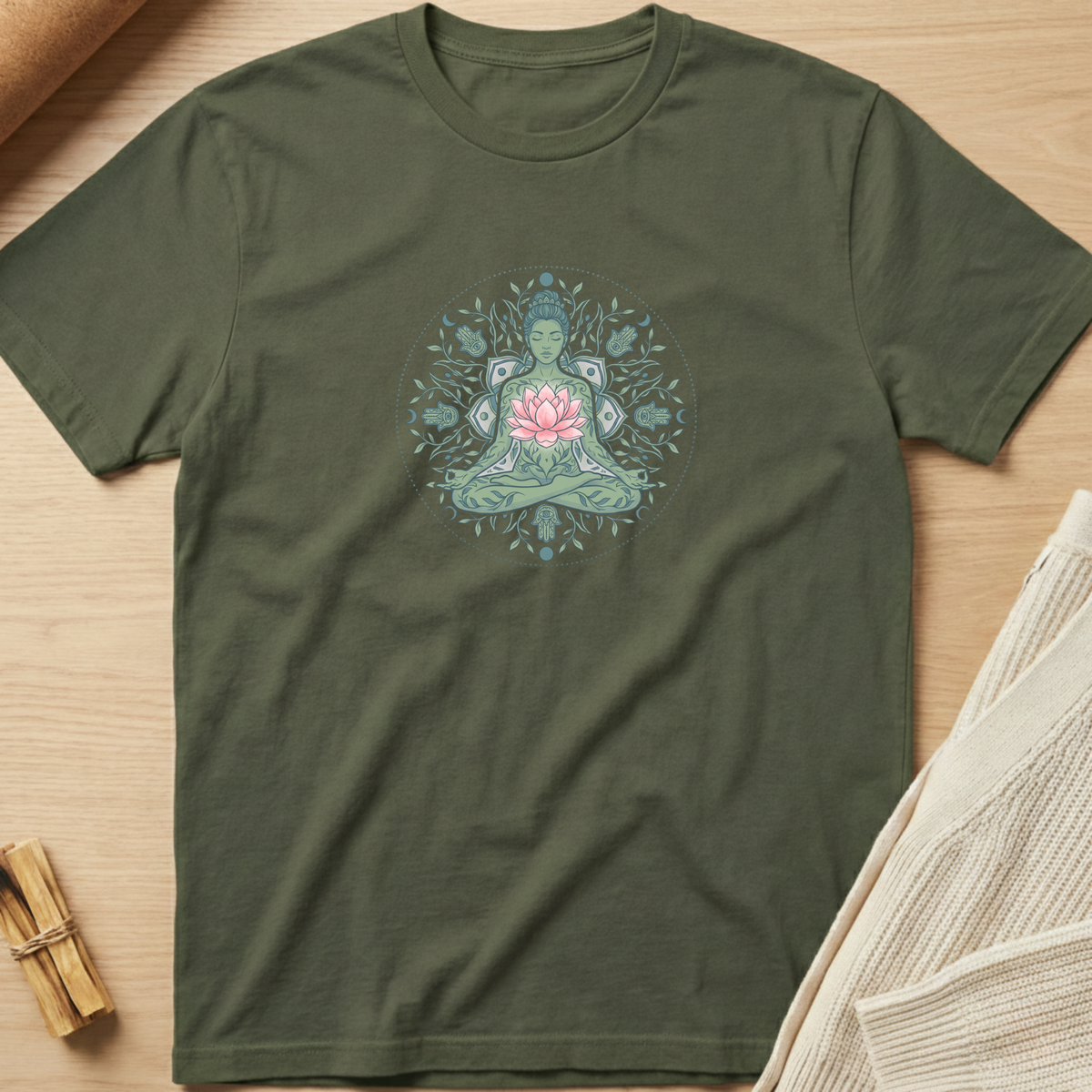 An olive green short-sleeve t-shirt with a white geometric line art graphic of a meditating figure, laid flat on a light wood background with neutral props. Minimalist yoga apparel by pemuyo.