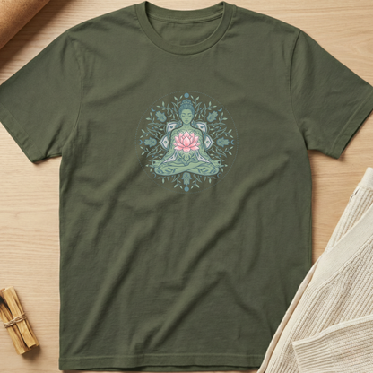 An olive green short-sleeve t-shirt with a white geometric line art graphic of a meditating figure, laid flat on a light wood background with neutral props. Minimalist yoga apparel by pemuyo.