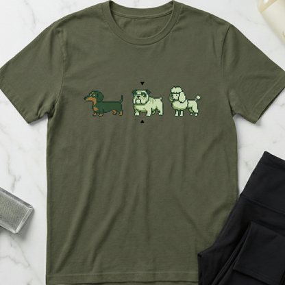 Green t-shirt with pixelated dog illustrations on a marble surface. Minimalist dog apparel by pemuyo.