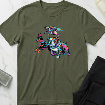 Green t-shirt with colorful dog illustrations on a white marble surface. Minimalist dog apparel by pemuyo.