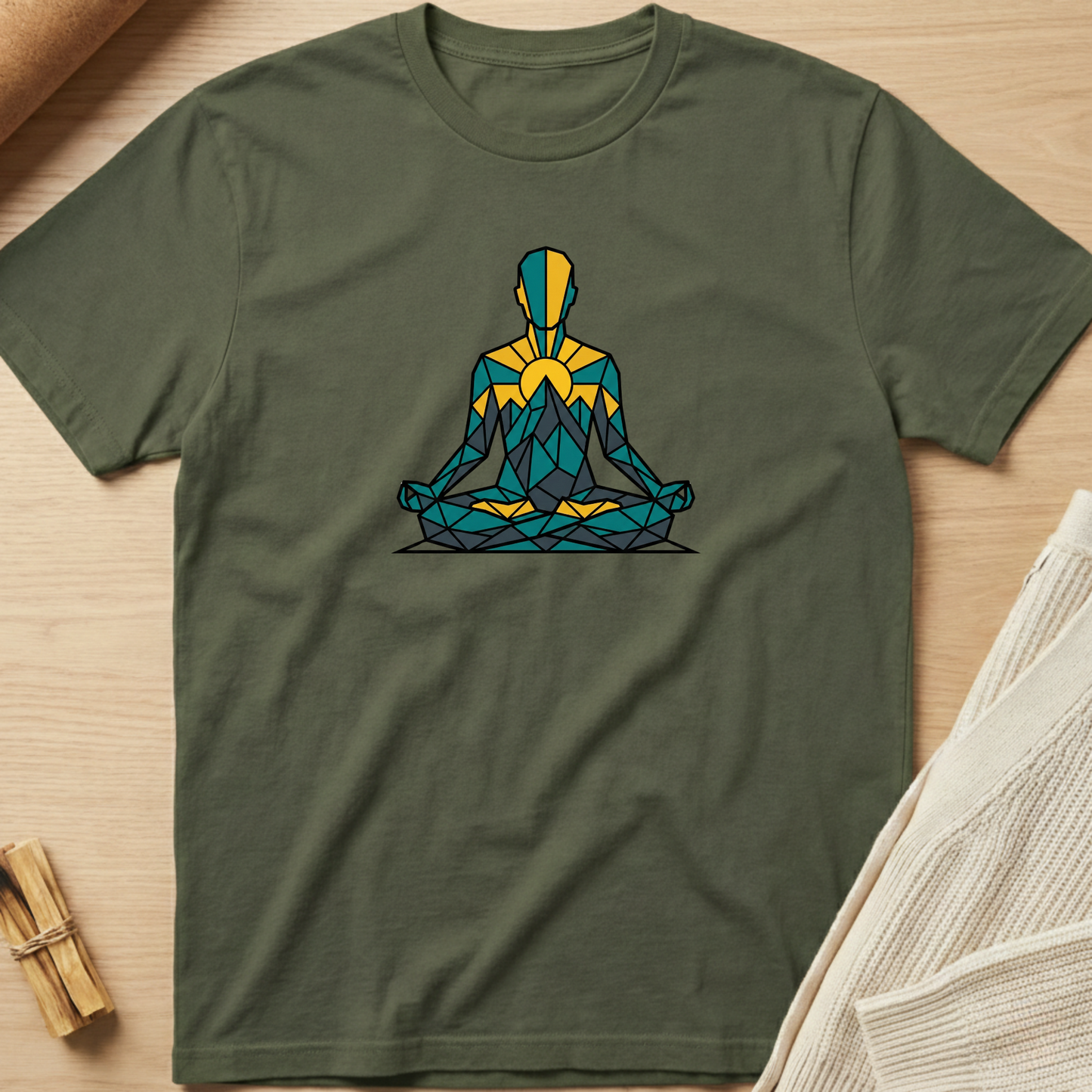 Green t-shirt with a geometric yoga pose design on a wooden surface. Minimalist yoga apparel by pemuyo.