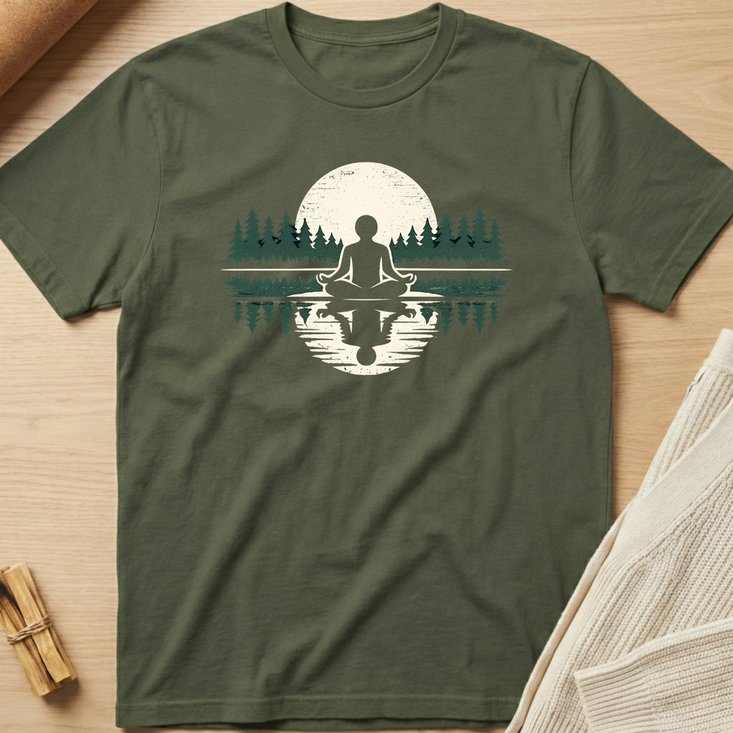 Green t-shirt with a meditation graphic on a wooden surface. Minimalist yoga apparel by pemuyo.