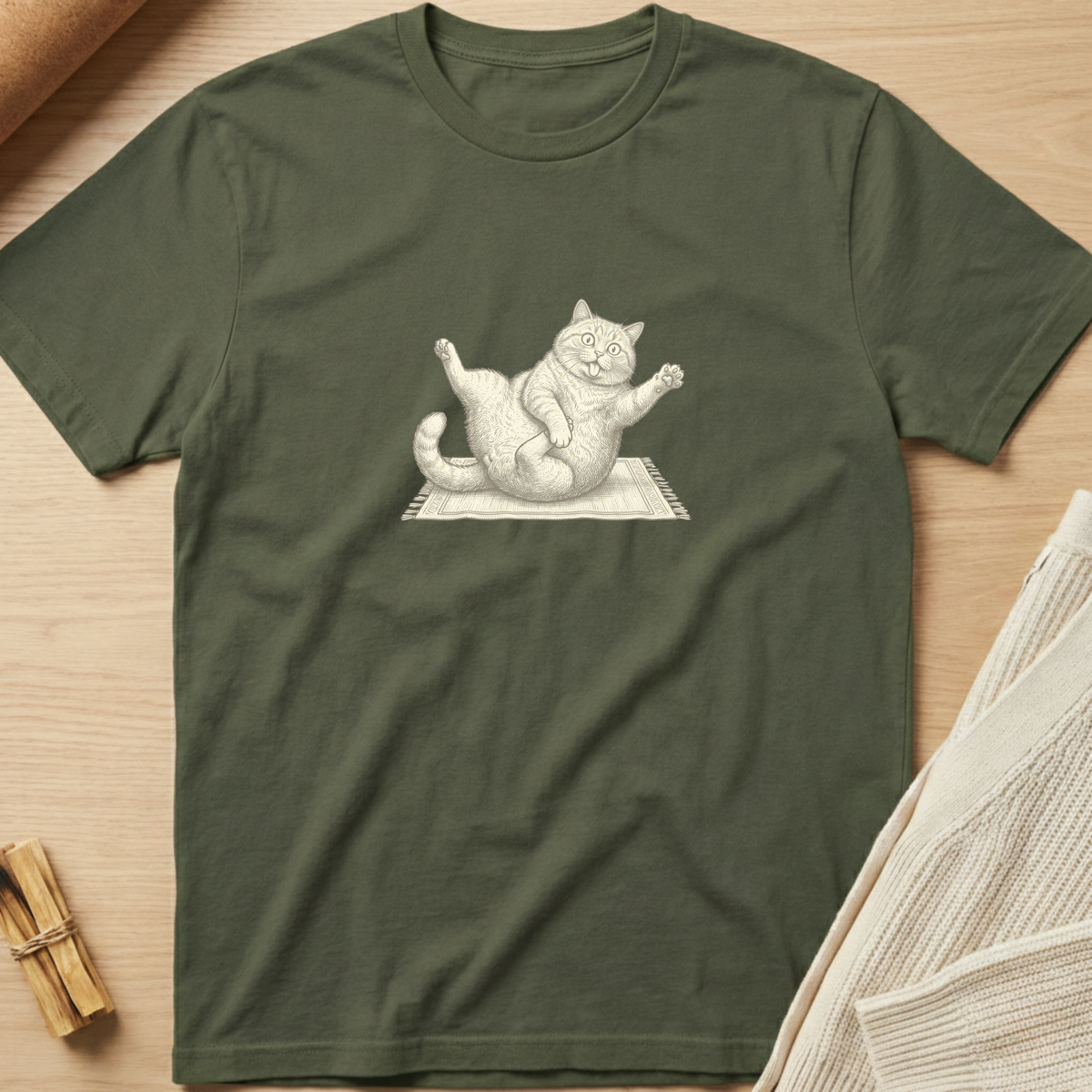 An olive green short-sleeve t-shirt with a detailed white sketch of a cat stretching on a mat, laid flat on a light wood background with styled props. Minimalist yoga apparel by pemuyo.