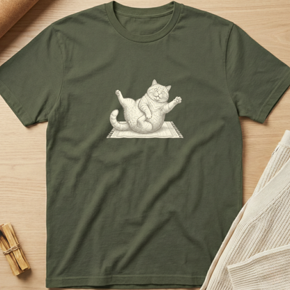 An olive green short-sleeve t-shirt with a detailed white sketch of a cat stretching on a mat, laid flat on a light wood background with styled props. Minimalist yoga apparel by pemuyo.