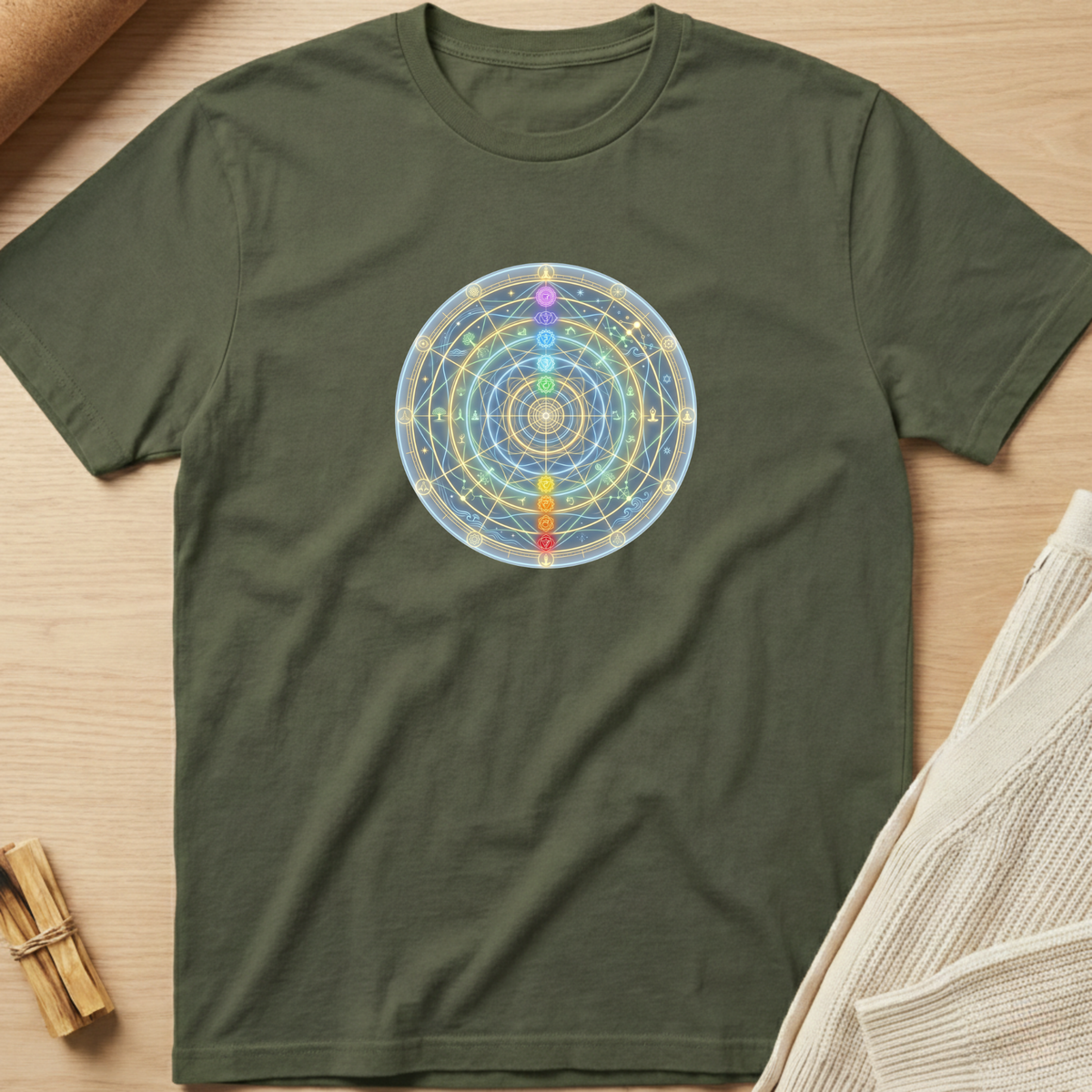 An olive green short-sleeve t-shirt with a colorful chakra wheel graphic printed on the chest, laid flat on a light wood background with decorative props. Minimalist yoga apparel by pemuyo.