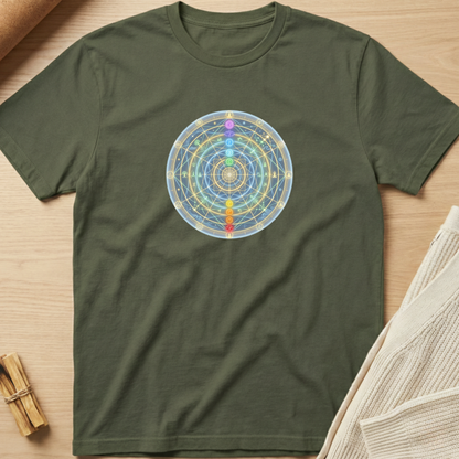 An olive green short-sleeve t-shirt with a colorful chakra wheel graphic printed on the chest, laid flat on a light wood background with decorative props. Minimalist yoga apparel by pemuyo.