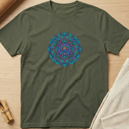 An olive green crewneck t-shirt featuring a colorful mandala graphic in shades of blue, purple, and yellow on the chest, laid flat on a light wood background with styled props. Minimalist yoga apparel by pemuyo.