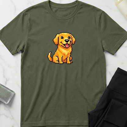 Green t-shirt with a pixelated dog graphic on a marble surface. Minimalist dog apparel by pemuyo.