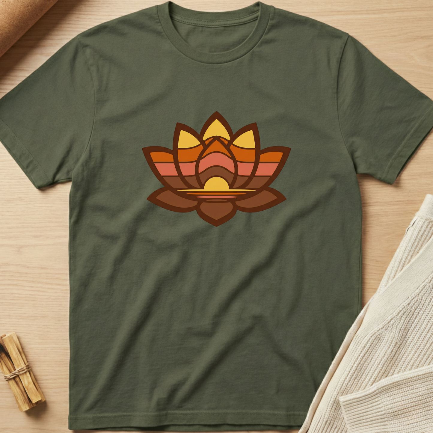 Green t-shirt with a colorful lotus flower design on a wooden surface. Minimalist yoga apparel by pemuyo.
