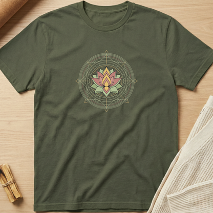 An olive green short-sleeve t-shirt with a geometric lotus flower graphic on the chest, laid flat on a light wood background with styled props. Minimalist yoga apparel by pemuyo.