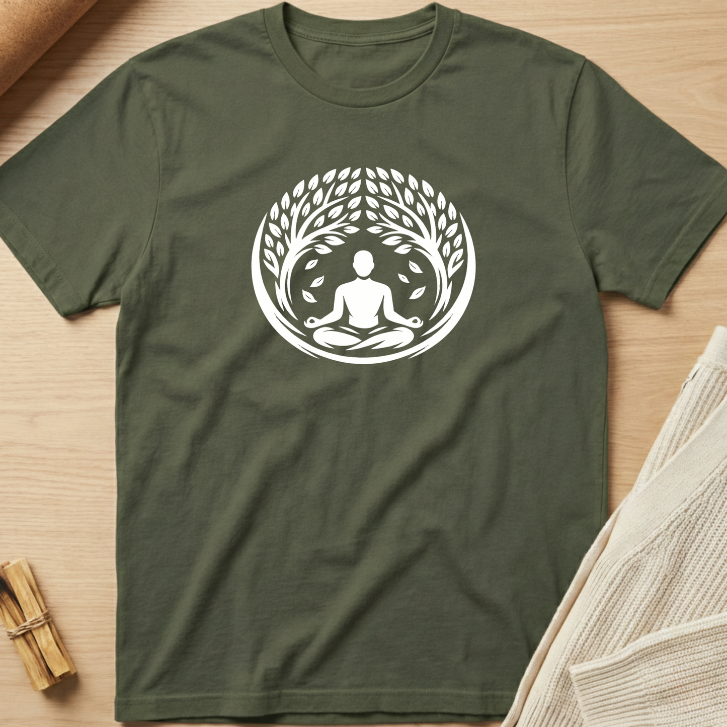 Green t-shirt with a white meditation design on a wooden surface. Minimalist yoga apparel by pemuyo.