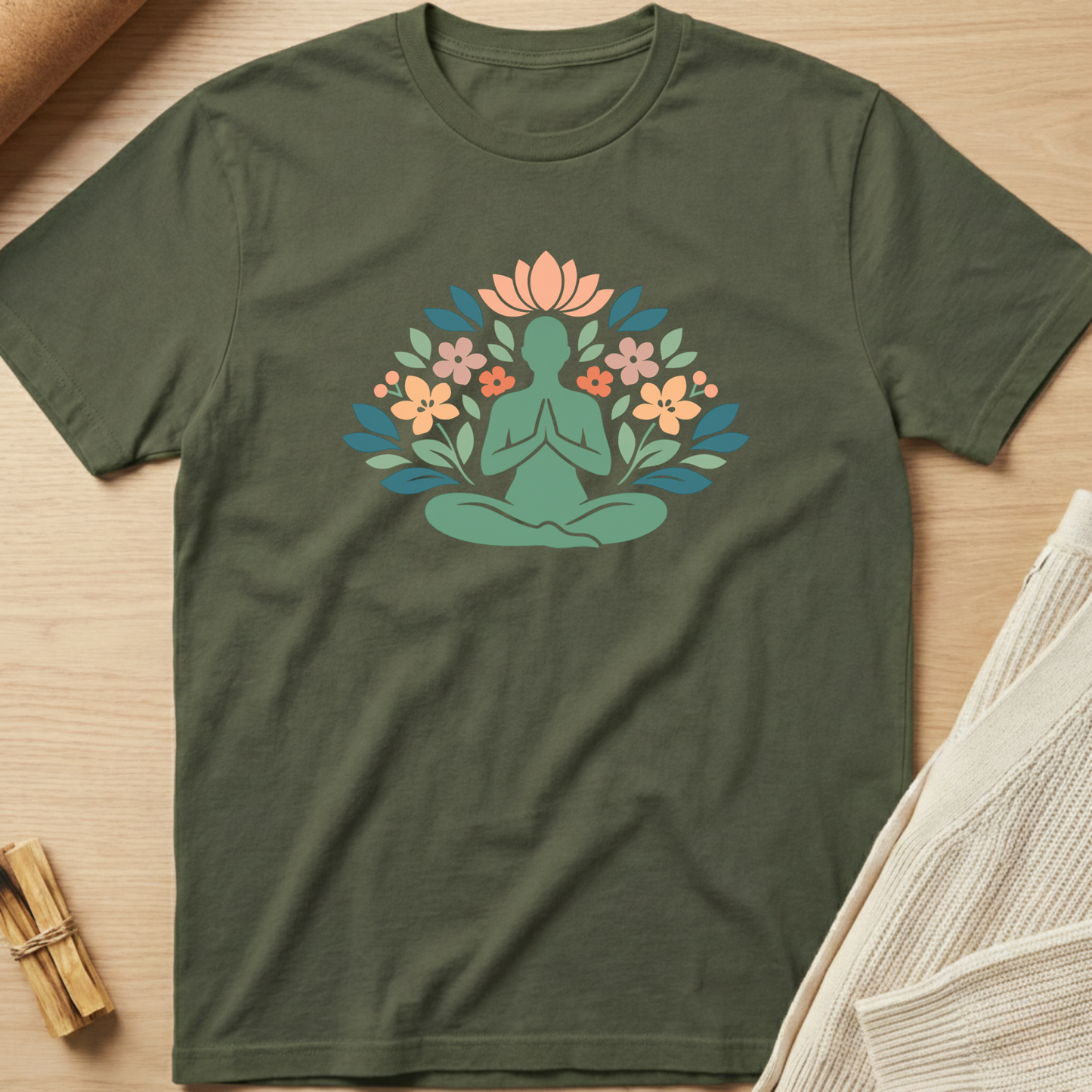 Green t-shirt with a meditating figure and floral design on a wooden surface. Minimalist yoga apparel by pemuyo.