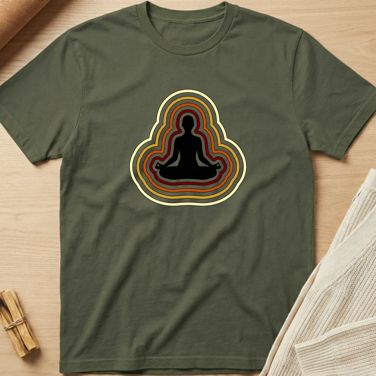 Green t-shirt with a meditating figure design on a wooden surface. Minimalist yoga apparel by pemuyo.