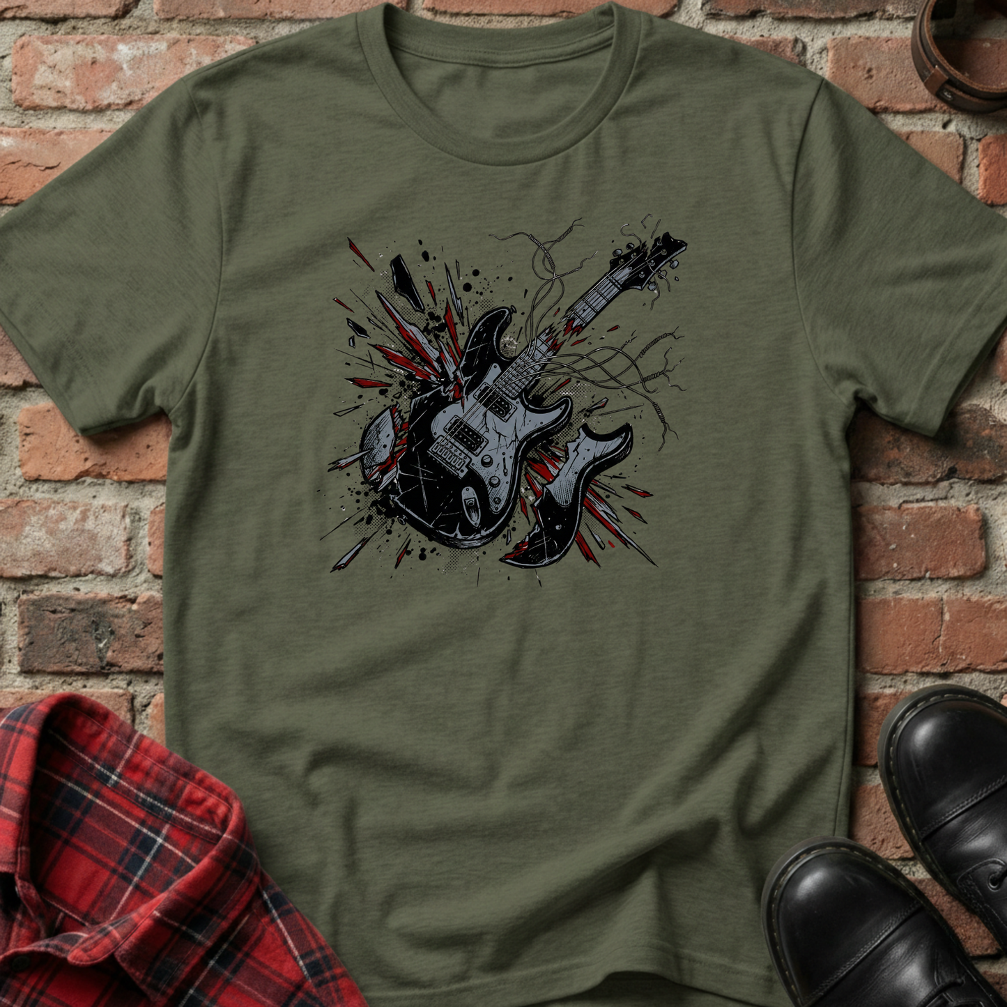 Green t-shirt with a guitar graphic on a brick background. Minimalist music apparel by pemuyo.
