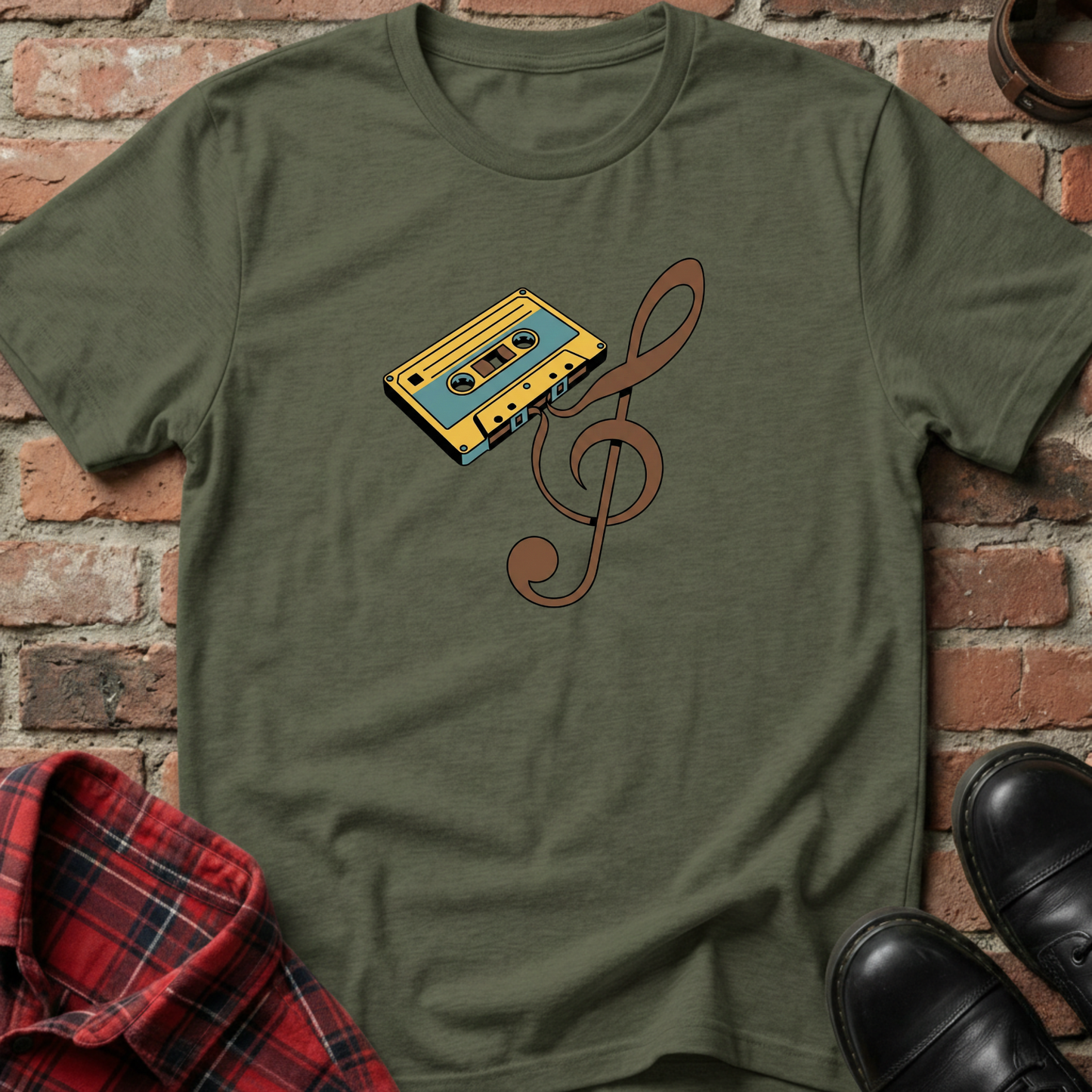 Green t-shirt with a cassette tape and treble clef design against a brick wall. Minimalist music apparel by pemuyo.
