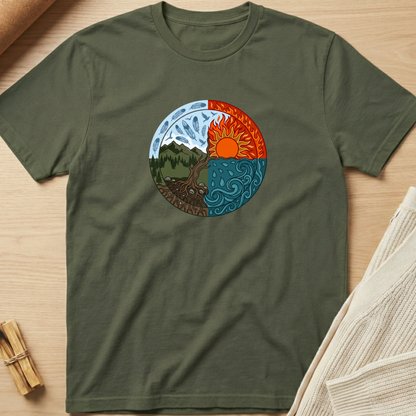 An olive green short-sleeve t-shirt laid flat on a light wood surface, featuring a circular yin-yang style graphic on the chest with a tree, mountains, sun, and blue water elements. Minimalist yoga apparel by pemuyo.