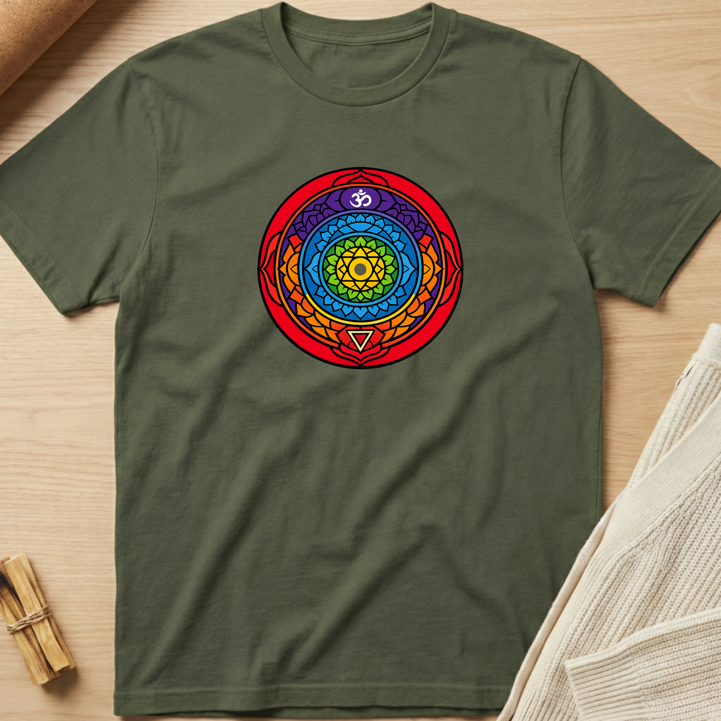 Green t-shirt with a colorful mandala design on a wooden surface. Minimalist yoga apparel by pemuyo.
