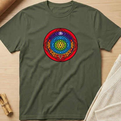 Green t-shirt with a colorful mandala design on a wooden surface. Minimalist yoga apparel by pemuyo.